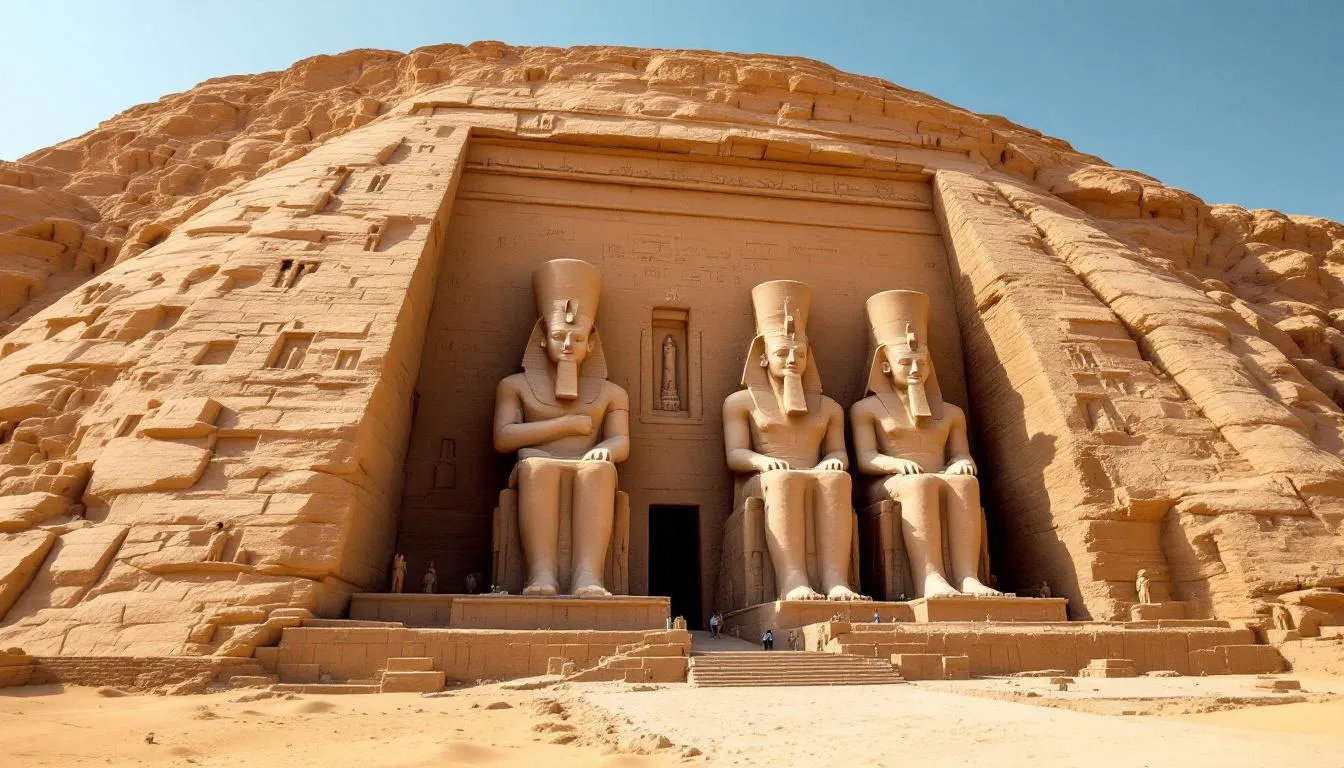 Imagem do Templo de Abu Simbel, no Egito, destacando suas impressionantes estátuas colossais esculpidas na rocha, que representam o faraó Ramsés II. O templo, localizado próximo ao Vale do Nilo, é uma das grandes maravilhas do Egito antigo e um importante ponto turístico para quem viaja pelo país.