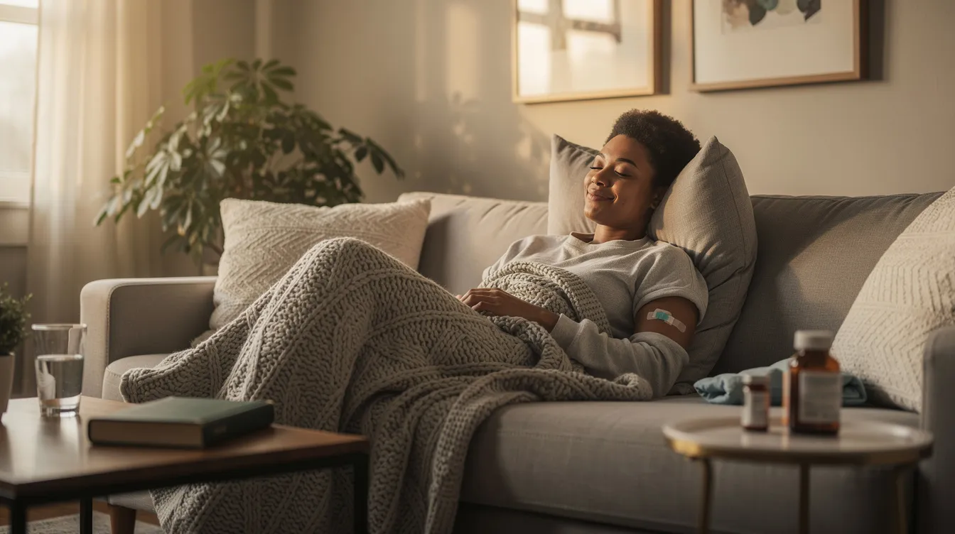 A person is resting comfortably on a couch, wrapped in a cozy blanket, as they recover from a body contouring surgery aimed at removing excess skin after significant weight loss. The serene atmosphere reflects a moment of healing and self-care following their medical procedure.