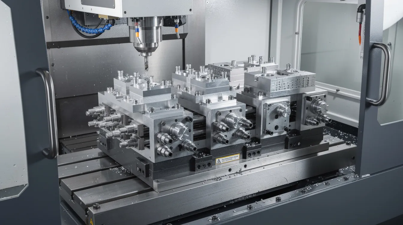 The image shows a tombstone fixture securely mounted on a horizontal machining center, with multiple aluminum parts clamped on all four sides, showcasing the precision and efficiency of CNC machining operations. The fixture design allows for various workpiece shapes to be processed simultaneously, enhancing production efficiency in machining operations.