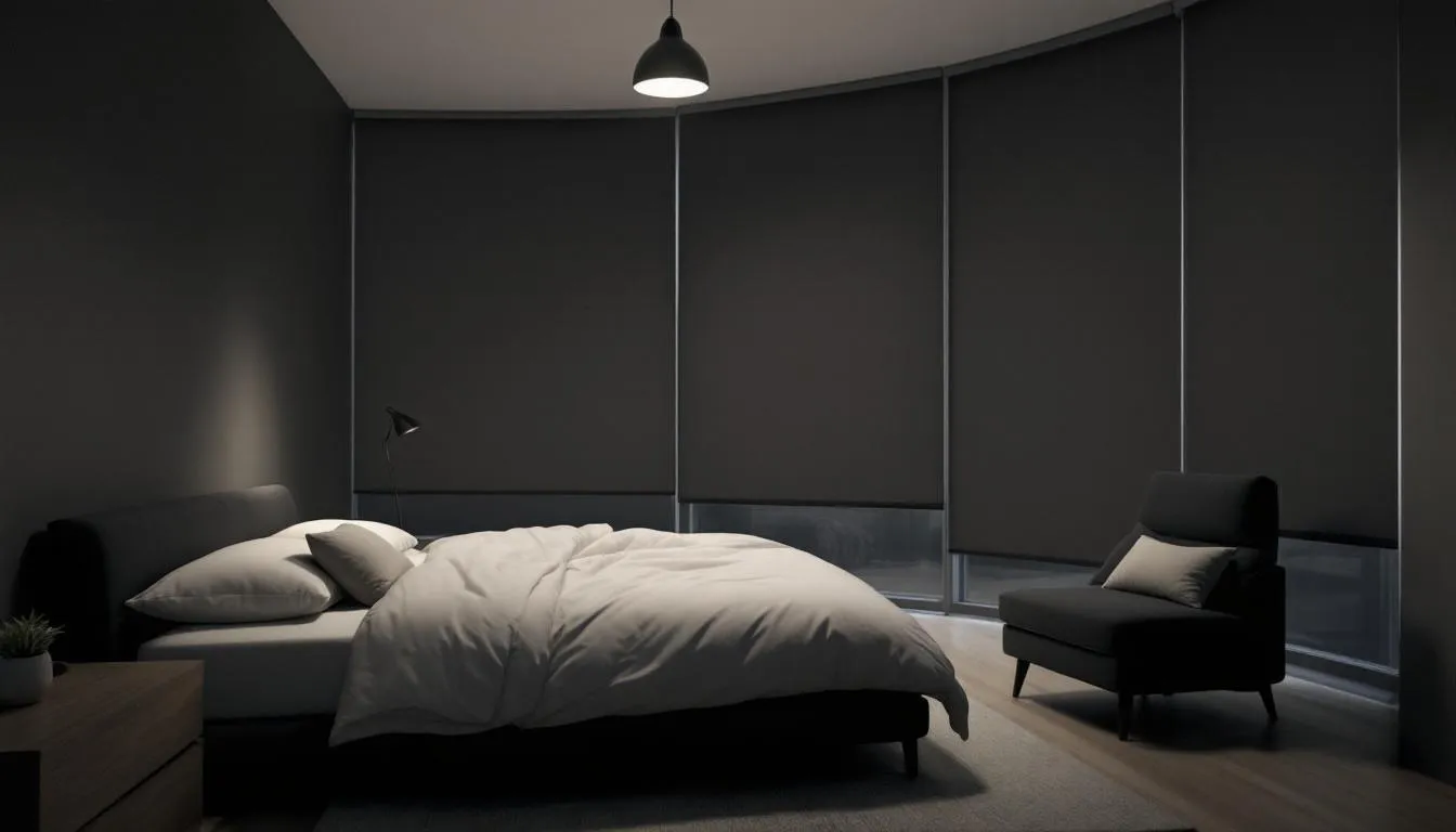 In the image, a modern bedroom features large windows covered with motorized blackout shades, creating a dark and comfortable sleeping environment. The sleek design of the smart shades enhances the room's aesthetics while effectively blocking light and UV rays for a restful night.