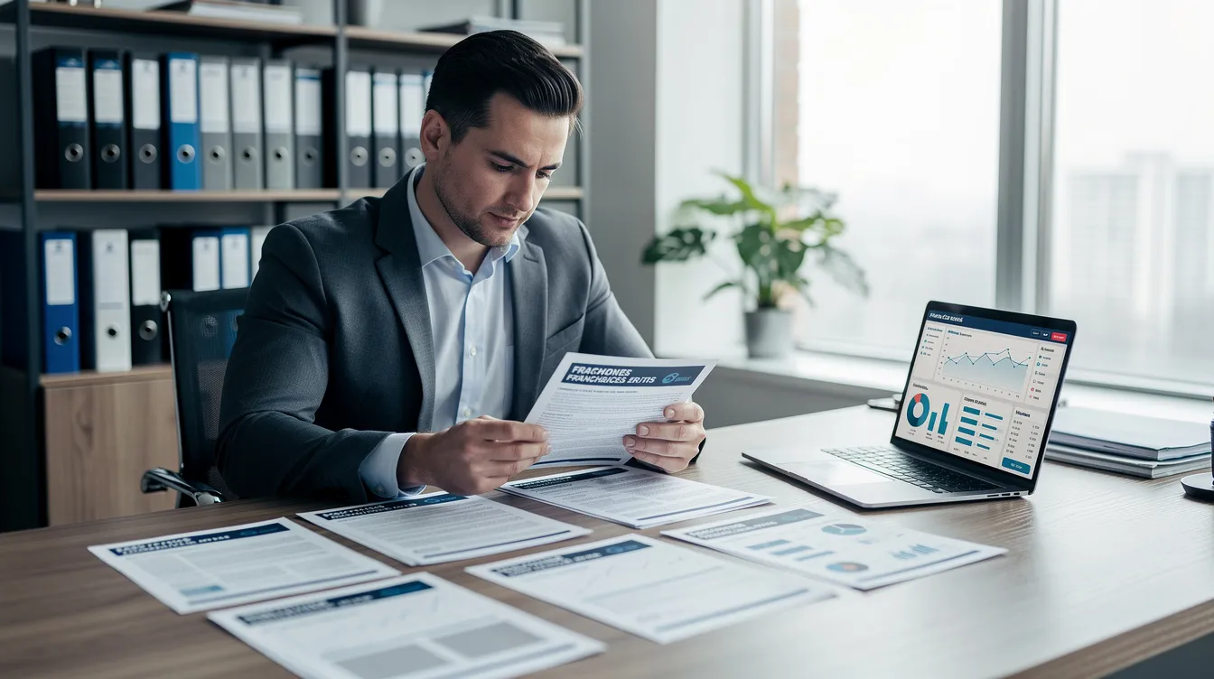 An entrepreneur is seated at a desk, reviewing franchise documents related to a property management franchise, with a laptop open in front of them. The scene conveys a focus on business goals and the potential for growth within the property management industry.