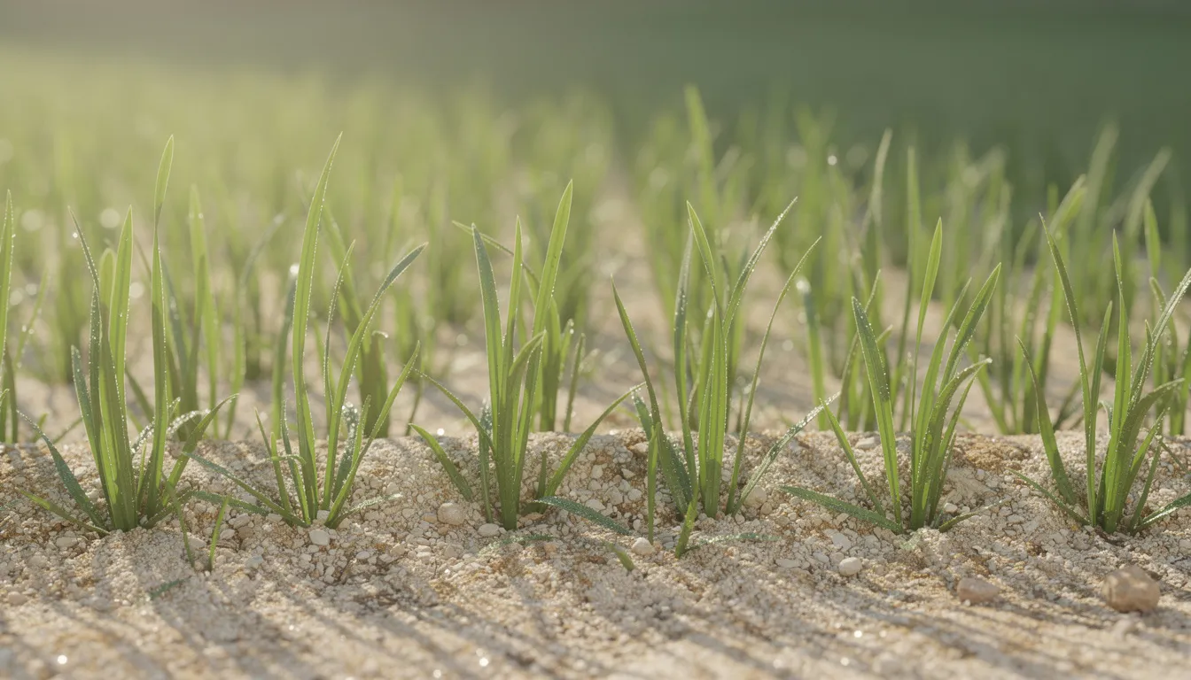 A close-up view showcases healthy green grass blades emerging through a layer of sandy top dressing material, highlighting the benefits of lawn topdressing for improved grass growth and a level lawn surface. The texture of the sand-based dressing is visible, indicating its role in enhancing soil structure and drainage for a thriving lawn.