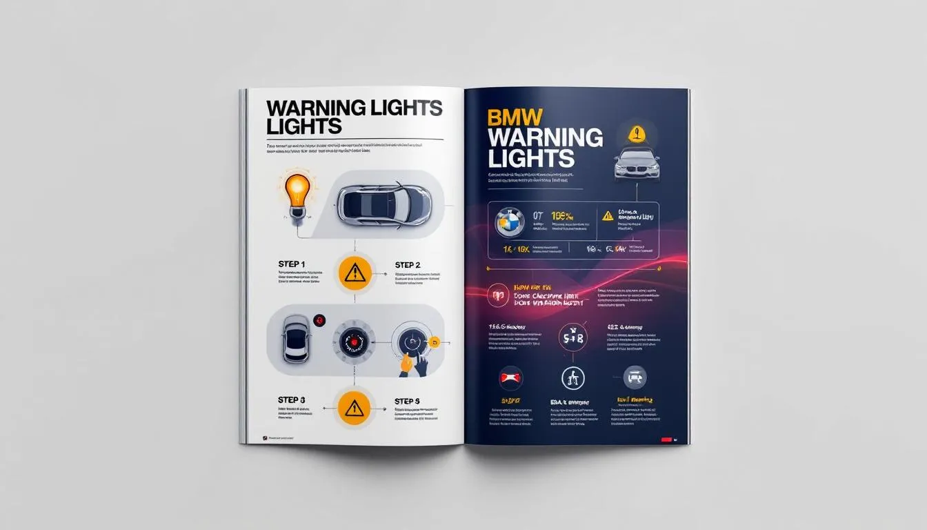 A diagram showing how to respond to BMW warning lights, including steps for addressing the check engine light and brake warning light.