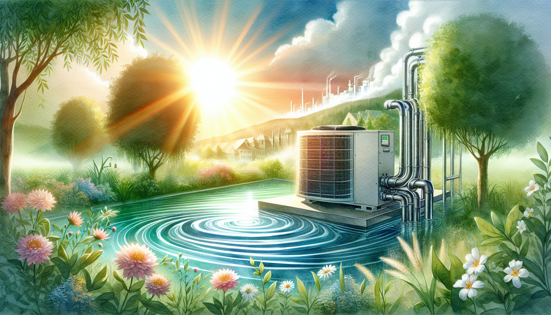 A watercolor painting illustrating the benefits of heat pump technology in hot water systems.