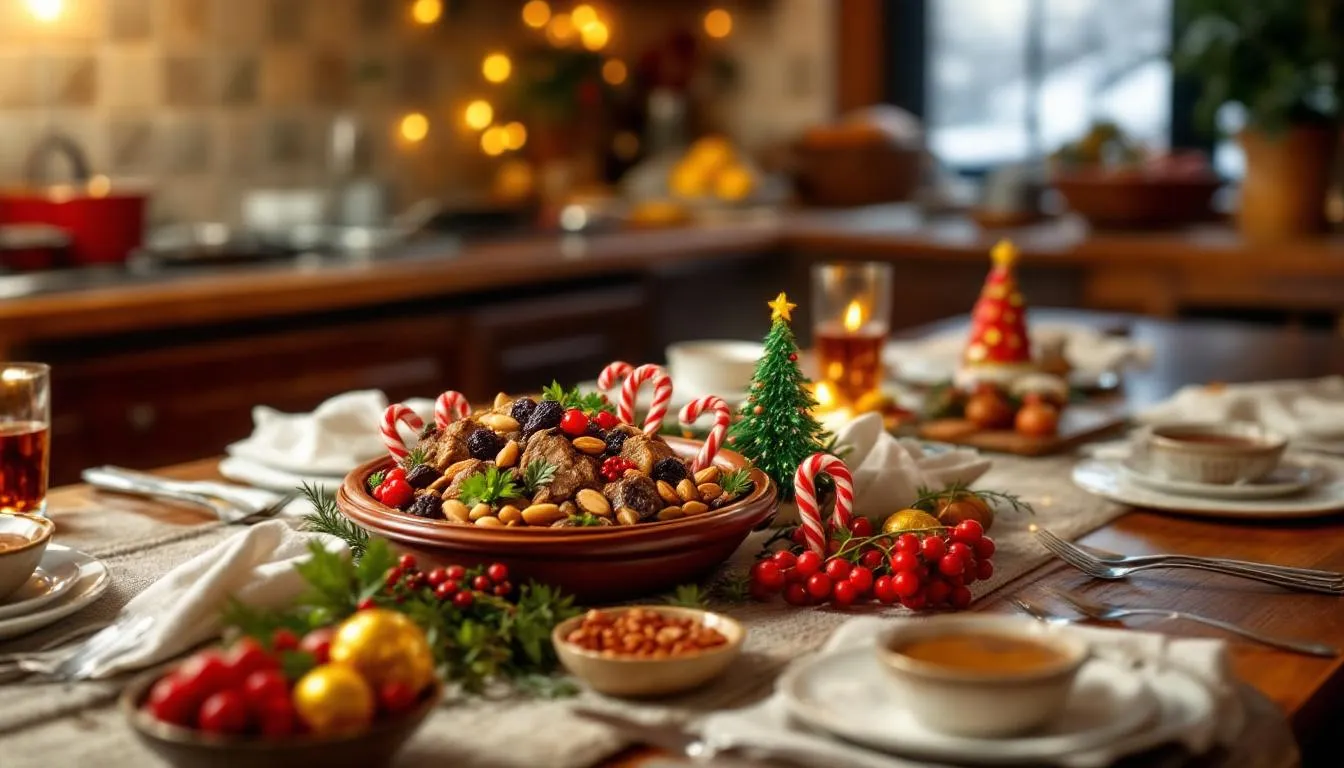 A beautifully arranged festive Moroccan meal features a traditional tagine adorned with Christmas decorations, creating a unique blend of Moroccan and western styles. The table is set in a warm ambiance, reflecting the holiday spirit of Christmas in Morocco, with twinkling lights and festive ornaments enhancing the celebratory atmosphere.
