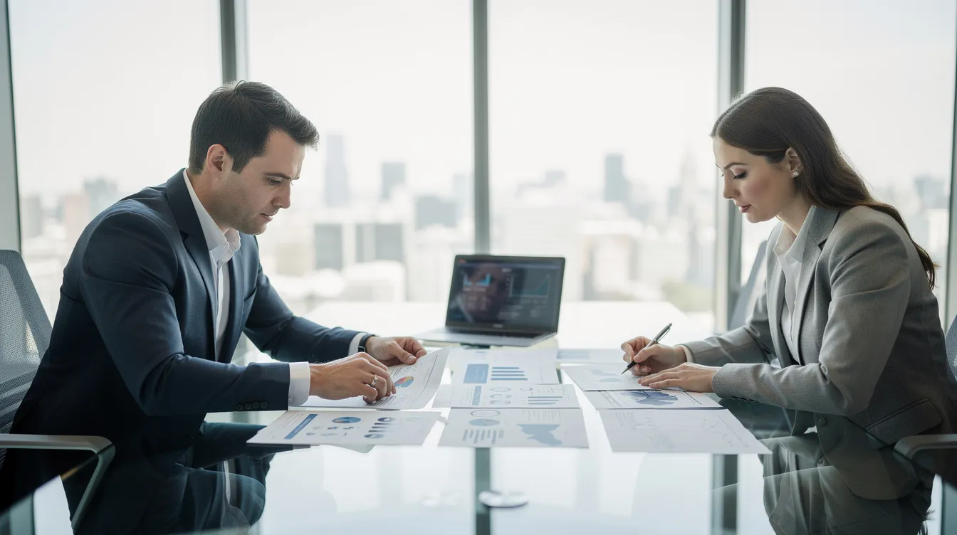 The image depicts a professional office meeting where two business people are engaged in reviewing financial documents at a conference table. This setting highlights the importance of fiduciary responsibilities in business relationships, as they discuss critical decisions that impact their fiduciary obligations and the best interests of their company.