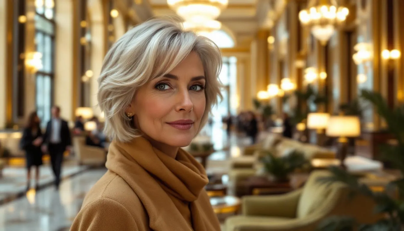 A stylish 60-year-old woman with fine hair showcases a low maintenance hairstyle, such as a sleek bob or a pixie cut, in a luxurious hotel lobby filled with people. The soft layers and wispy bangs frame her face beautifully, highlighting her mature features against the elegant backdrop.