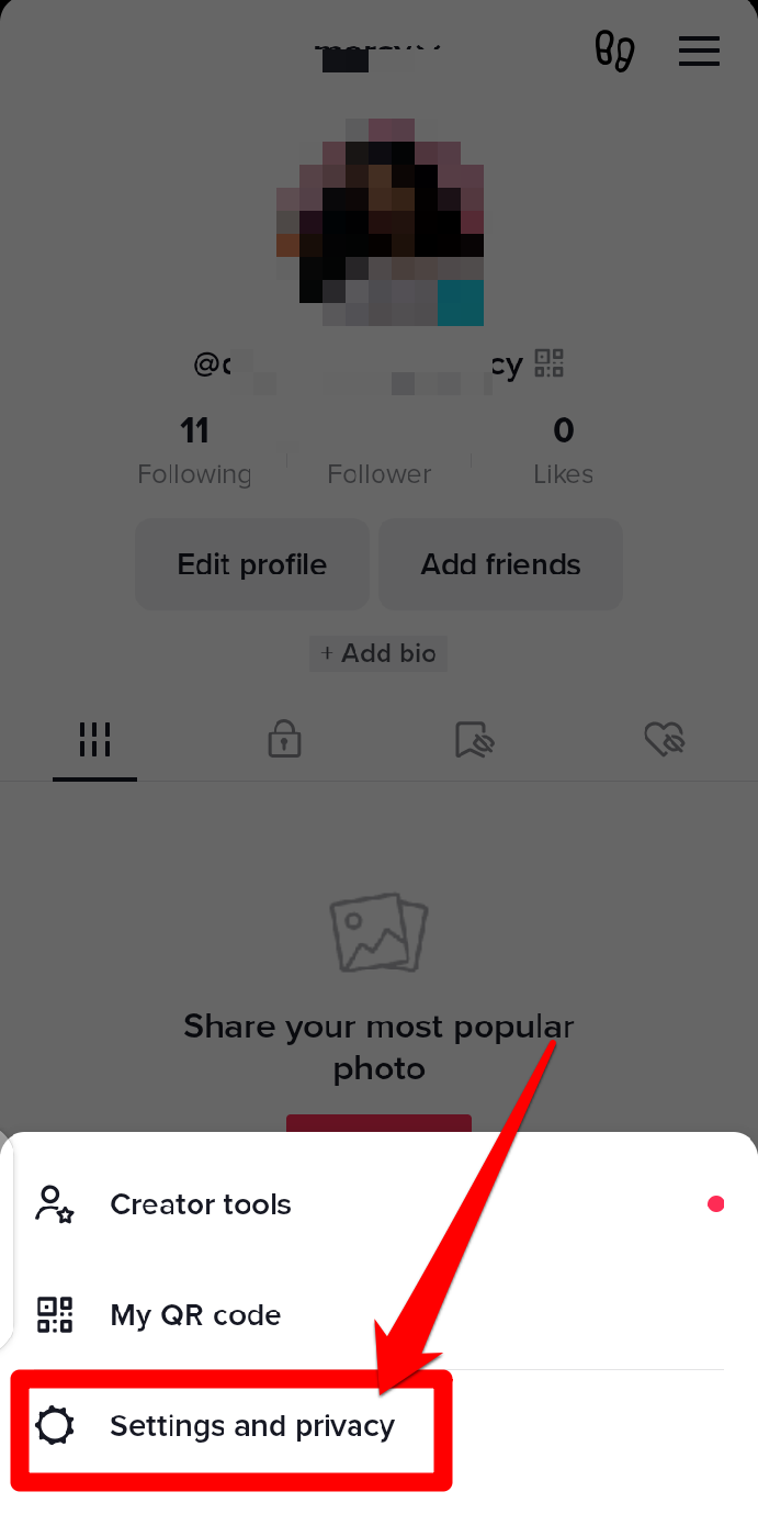 Image showing the settings and privacy tab on TikTok