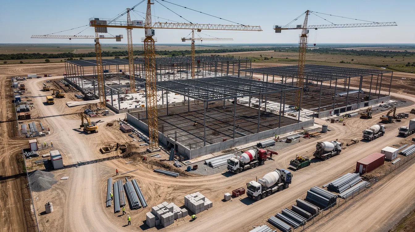 An aerial view of a large-scale commercial construction site showcases cranes, steel structures, and heavy equipment amidst a cleared landscape, highlighting the robust construction activity that plays a significant role in economic growth and infrastructure development. This bustling scene reflects the ongoing efforts within the construction industry to meet the demands of future projects and address challenges such as labor shortages and rising costs.