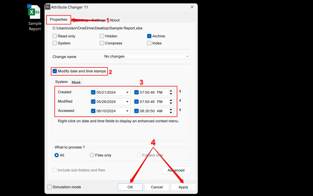 Steps to change files' created, accessed, and modified date using Attribute Changer