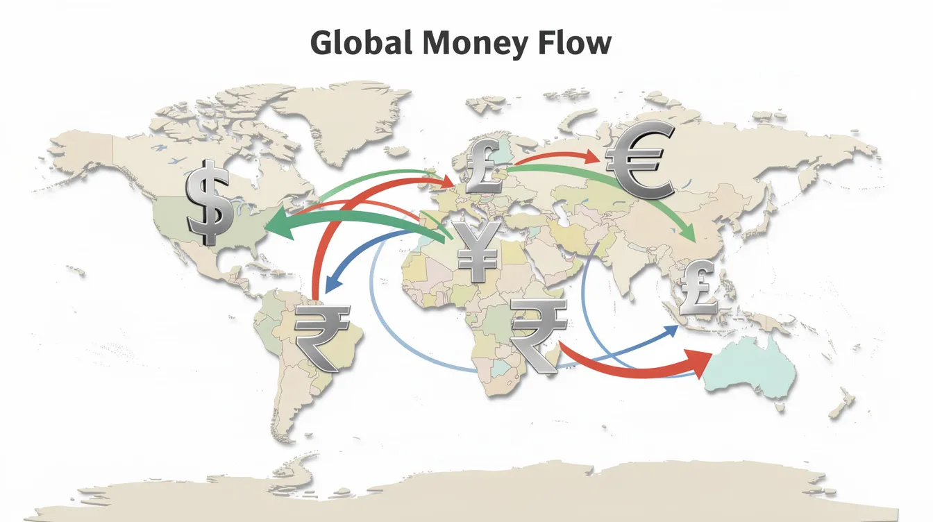 The image depicts a world map adorned with various currency symbols and arrows indicating the flow of money between different countries, illustrating the concept of international money transfers. This visual representation highlights the interconnectedness of global banking services, relevant for non-resident Indians and those interested in foreign currency transactions.