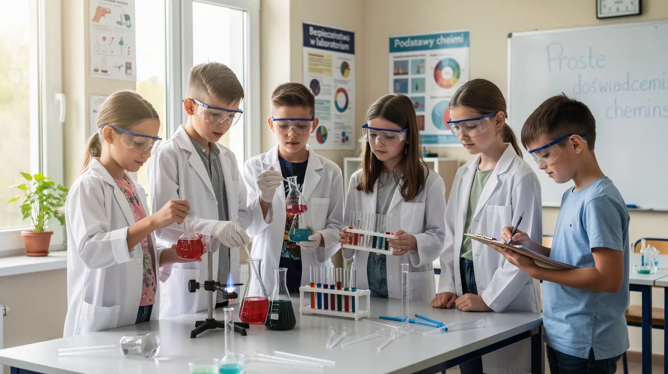 Uczniowie w si&oacute;dmej klasie szkoły podstawowej przeprowadzają proste doświadczenie chemiczne w szkolnym laboratorium, wykorzystując r&oacute;żne przedmioty i materiały do nauki. W tle widać stoły robocze oraz sprzęt laboratoryjny, co sprzyja przygotowaniu uczni&oacute;w do dalszej edukacji.