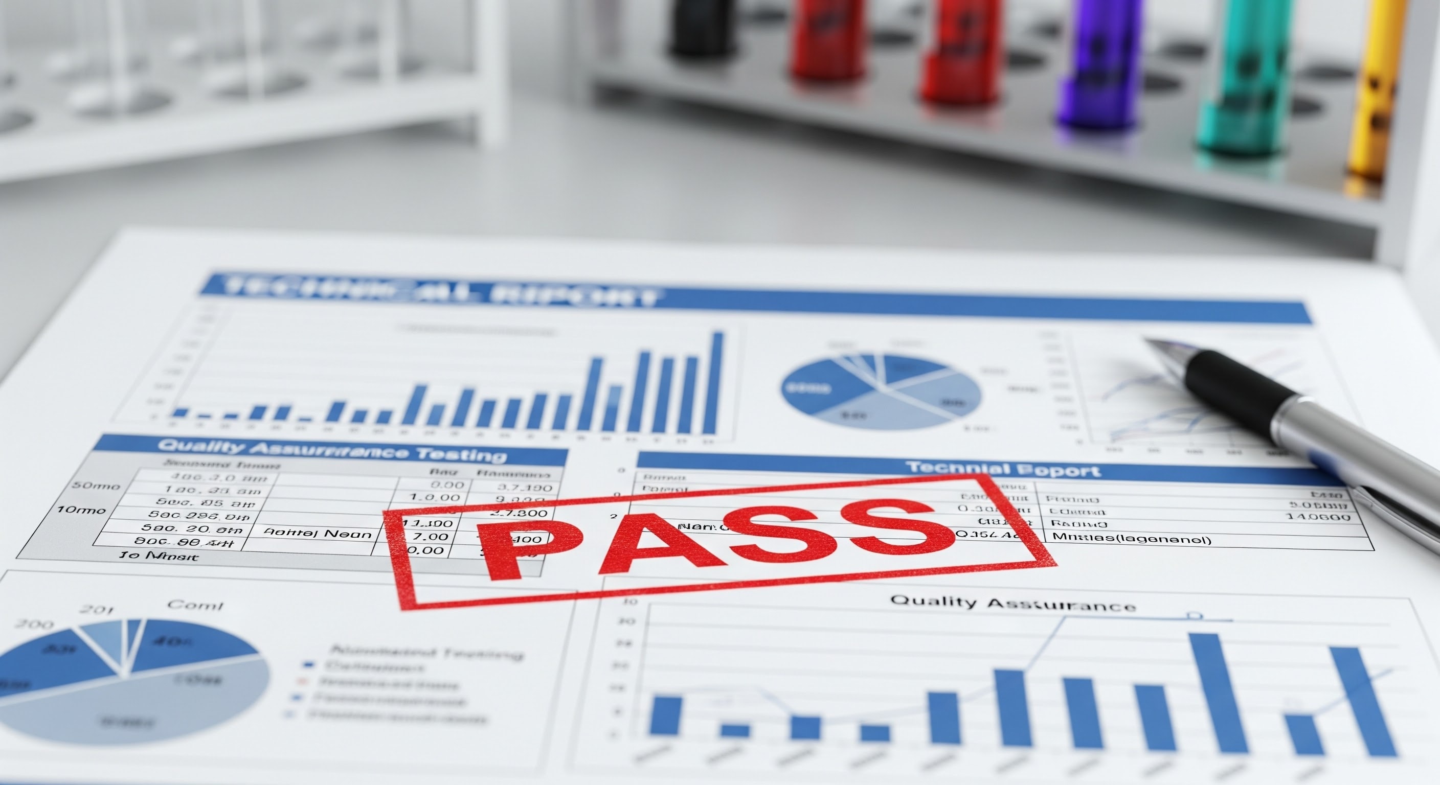 quality assurance close-up: third-party lab report/COA with ‘PASS’ stamp, lab glassware softly blurred