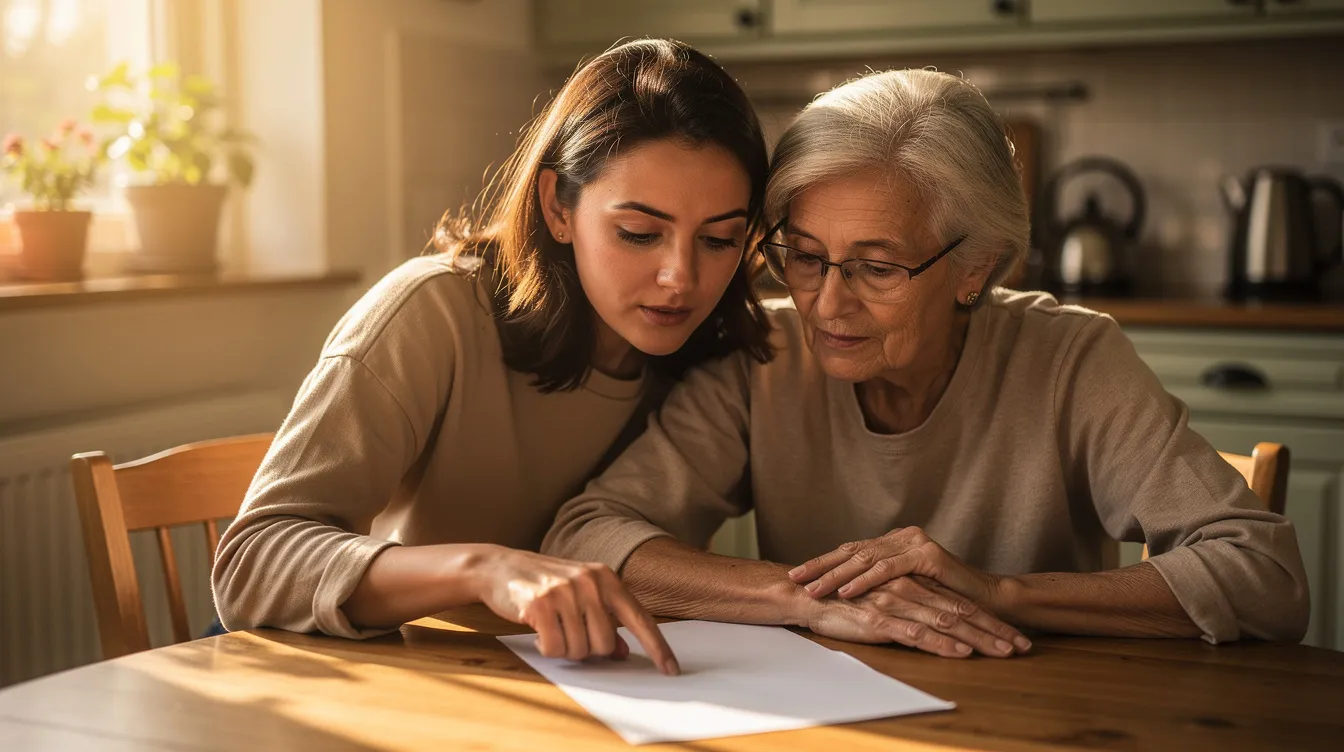 An adult daughter and her elderly mother sit together at a kitchen table, illuminated by warm afternoon light, as they review an emergency preparedness plan. The scene reflects a supportive family moment focused on ensuring that older adults are ready for unexpected situations and equipped with necessary emergency supplies.