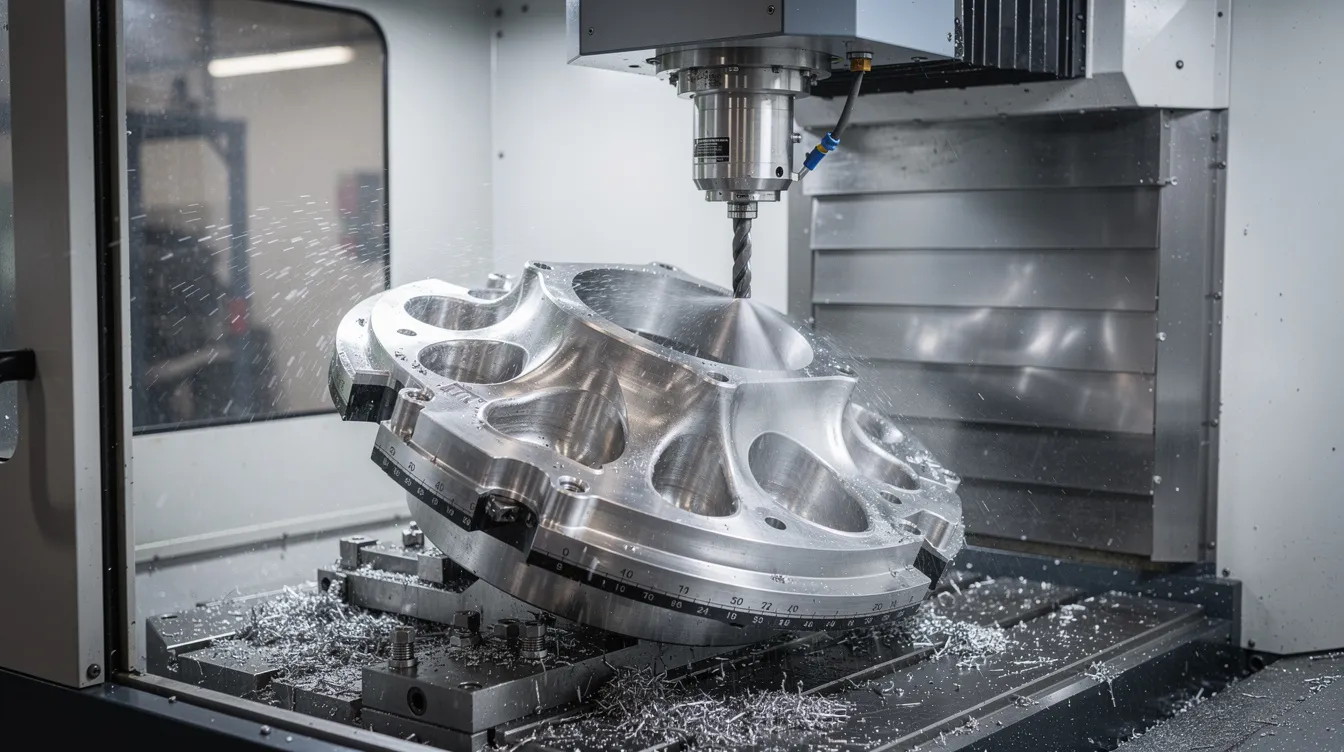 The image depicts a five-axis industrial CNC machining center equipped with a rotary table, actively cutting a complex titanium aerospace part. This advanced CNC technology showcases high-speed cutting capabilities and precision in manufacturing intricate designs for aerospace applications.