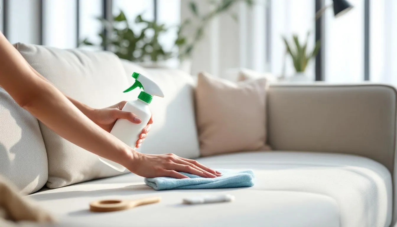An eco-friendly cleaning setup for sofas, highlighting sustainable cleaning practices.