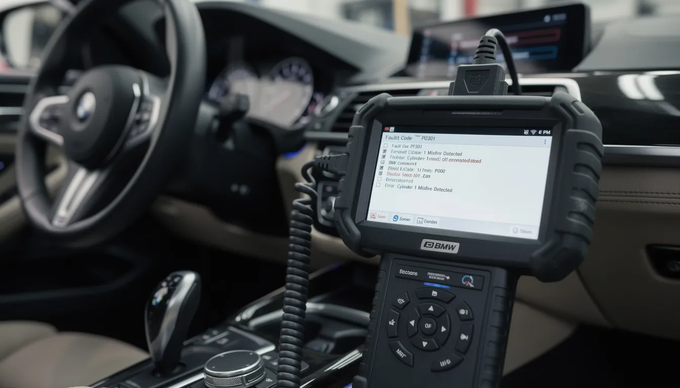 A BMW diagnostic scanner is connected to a vehicle, displaying various error codes on its screen. This image illustrates the importance of maintenance and troubleshooting within the BMW community, particularly for enthusiasts discussing issues related to models like the BMW 3 Series on forums.