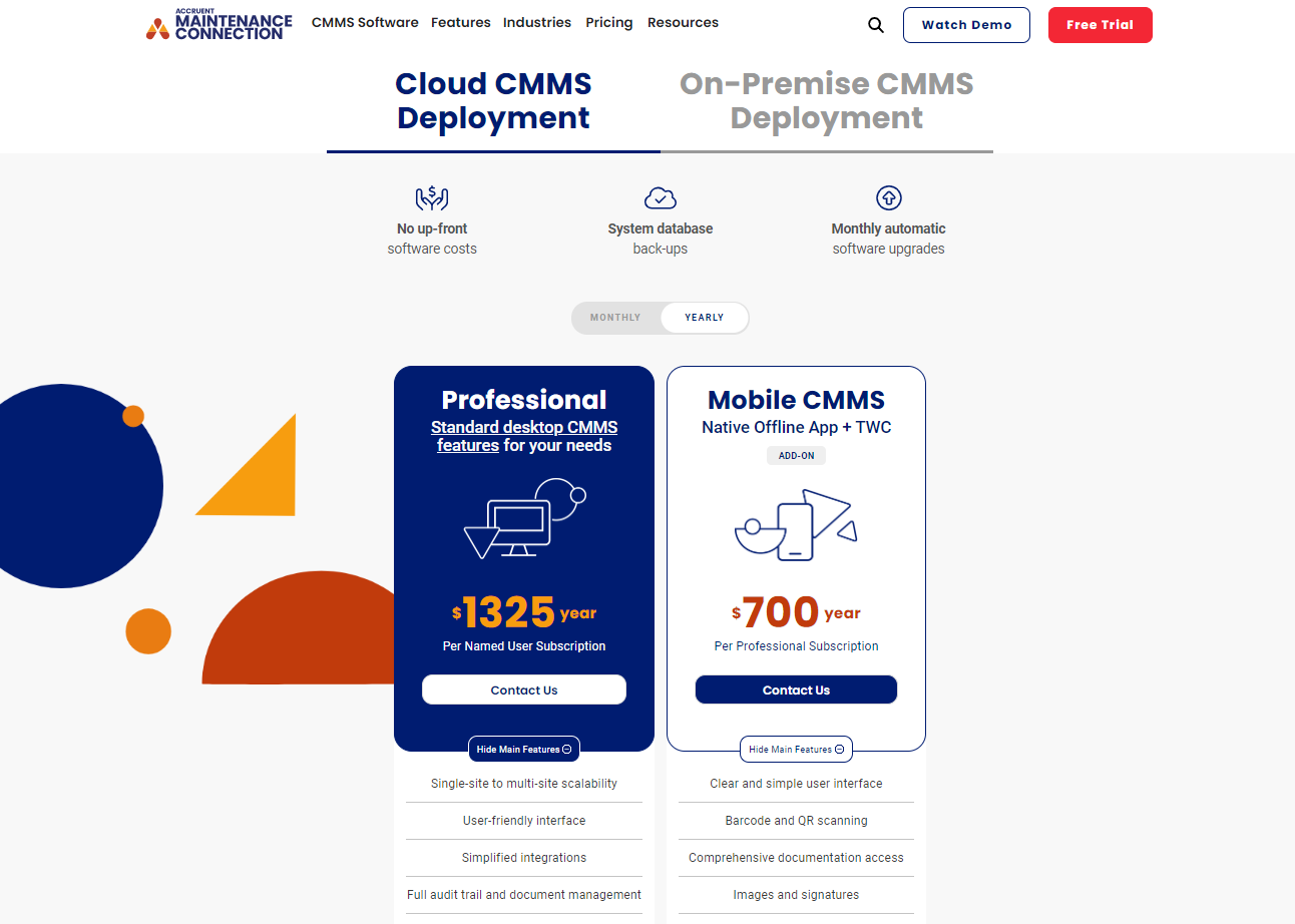 Maintenance Connection Cloud CMMS Deployment Yearly Pricing