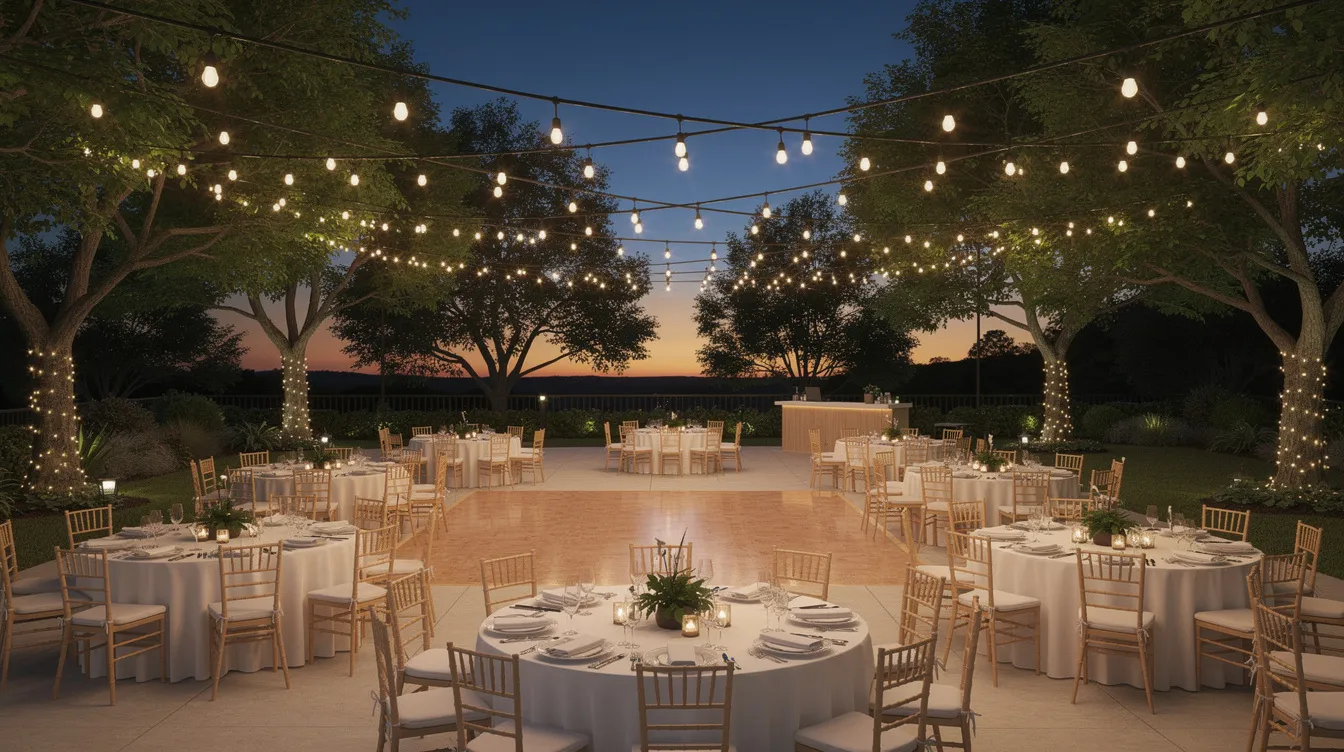 The image depicts an outdoor evening event space adorned with glowing string lights, featuring a reception setup that invites attendees to connect and engage. This setting reflects the spirit of community and collaboration often seen in the construction industry, particularly among industry partners and advocates in the Ohio Valley.