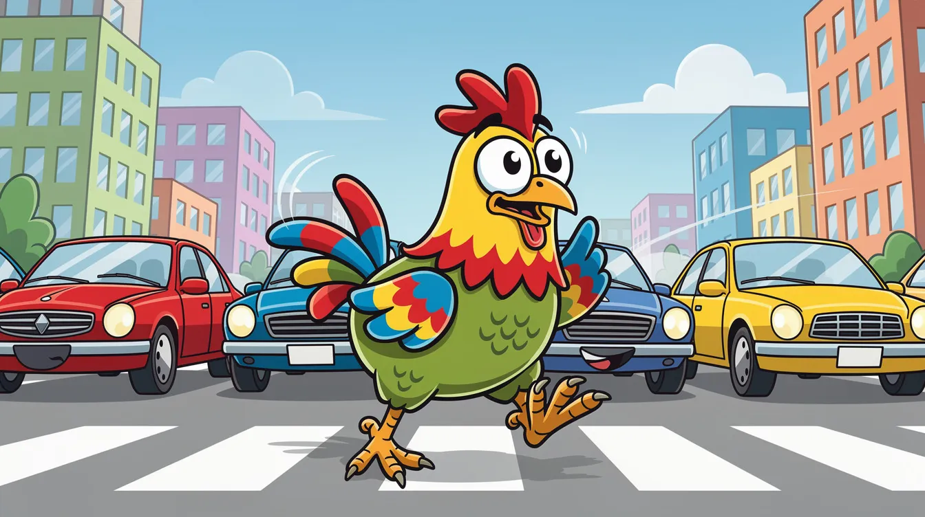 Ein buntes Cartoon-Huhn überquert eine belebte Straße, während im Hintergrund Autos vorbeifahren. Die Szene vermittelt eine fröhliche und lebendige Atmosphäre, die an das Konzept von "chicken road" erinnert.