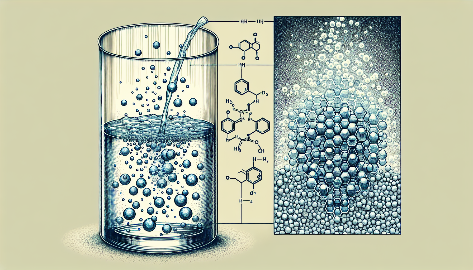 Illustration of hydrogen gas being infused into pure water