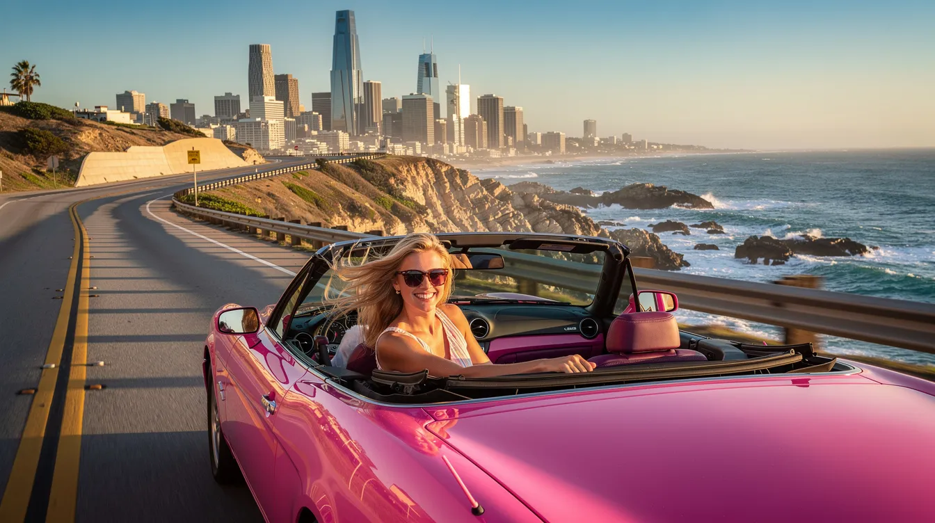 Eine blonde Frau sitzt in einem pinken Cabrio, während sie eine kurvenreiche Küstenstraße entlangfährt, im Hintergrund ist eine moderne Großstadt zu sehen. Dieses Bild vermittelt ein Gefühl von Freiheit und Abenteuer, das an die bunte und fantasievolle Welt des Barbie Films erinnert.