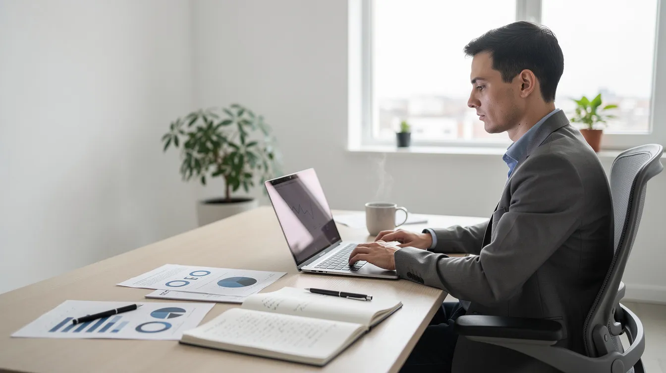 A person is working on a laptop in a bright office space, surrounded by documents and a cup of coffee on the desk. This setting emphasizes productivity and collaboration, ideal for utilizing tools like Microsoft 365 for business and its suite of office apps.