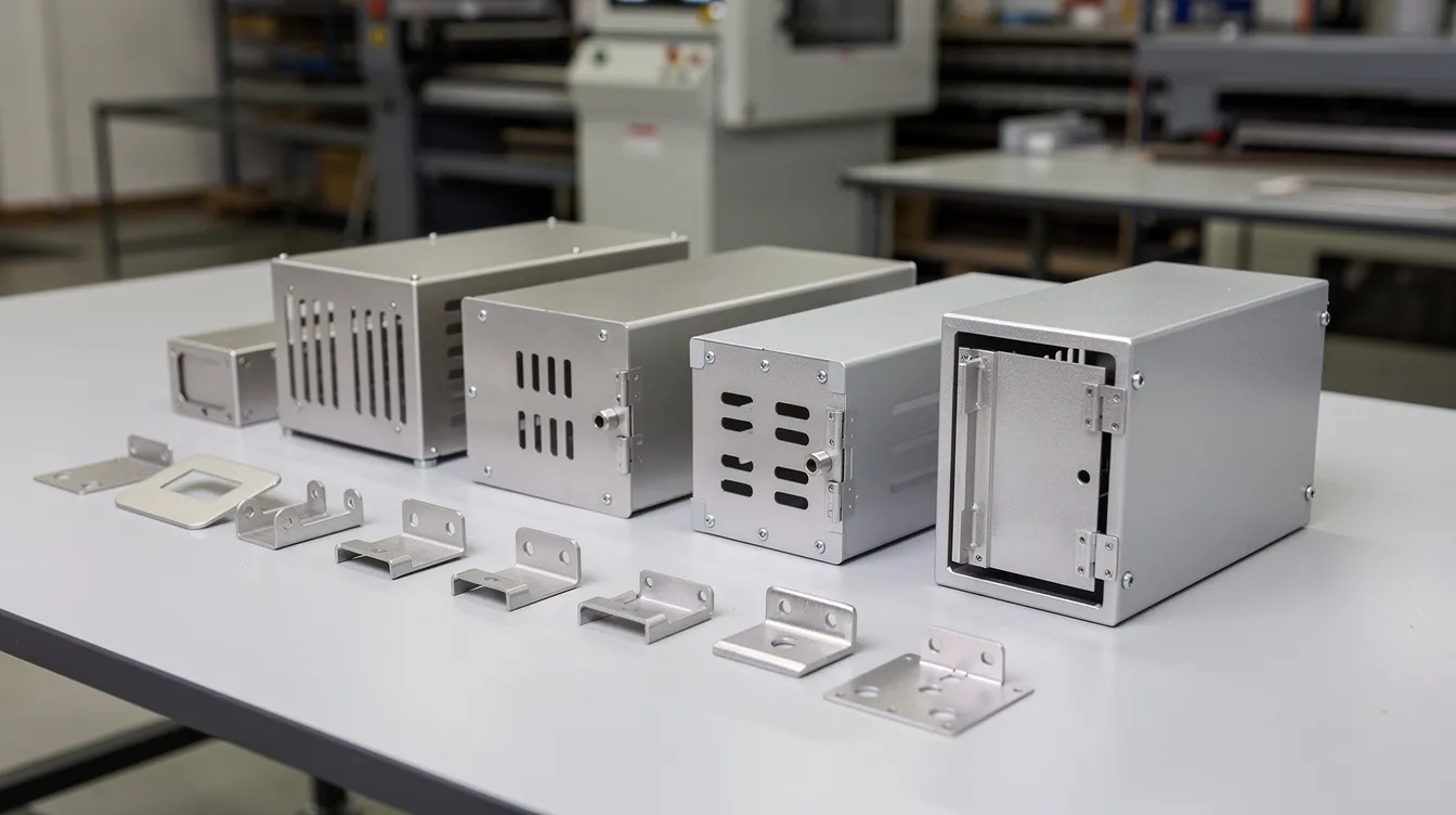 The image shows a variety of finished custom sheet metal enclosures and brackets arranged neatly on a factory inspection table, highlighting the precision and quality achieved through the sheet metal fabrication process. These parts, made from materials like stainless steel and aluminum, demonstrate the capabilities of metal fabrication services for commercial projects.