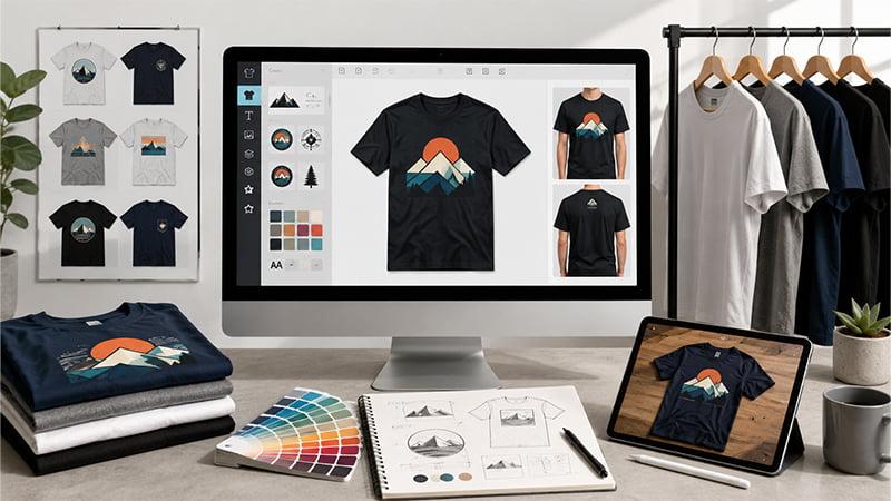 T-shirt design studio scene with mockups, garment rack, color swatches, and sketches.