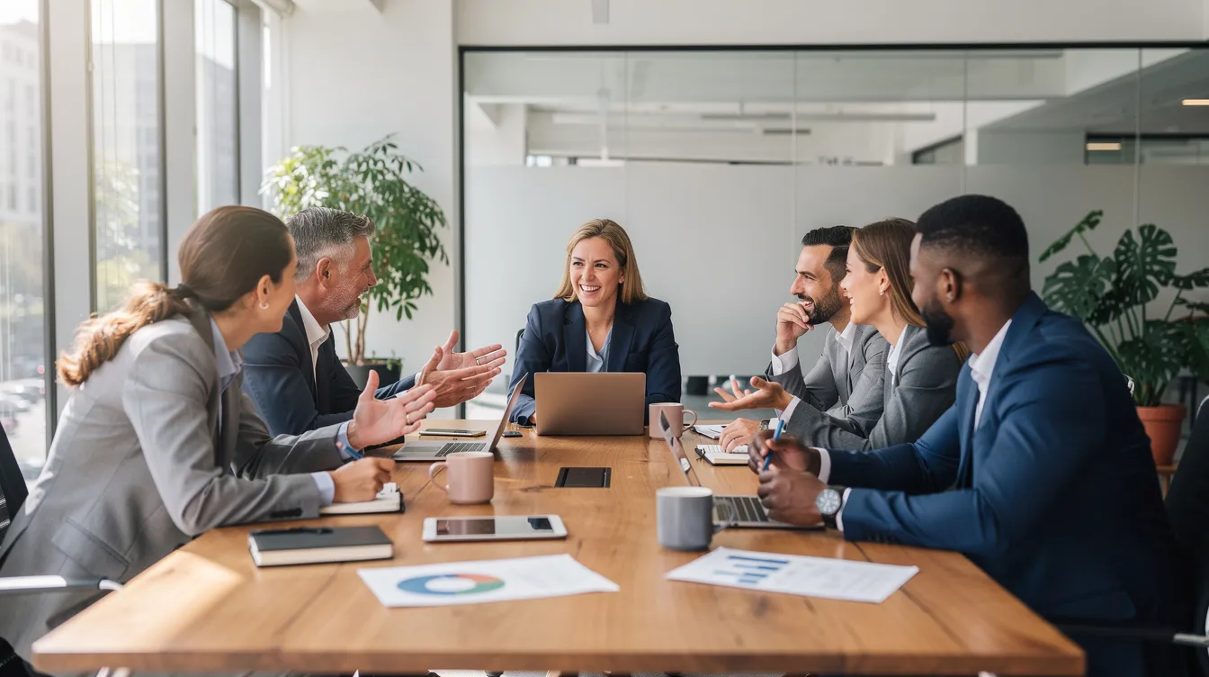 Un groupe diversifié de professionnels discute de manière engagée dans un espace de travail moderne, baigné de lumière naturelle. Cette réunion met en avant la répartition des rôles et responsabilités au sein de l'équipe, favorisant ainsi la collaboration et l'efficacité.