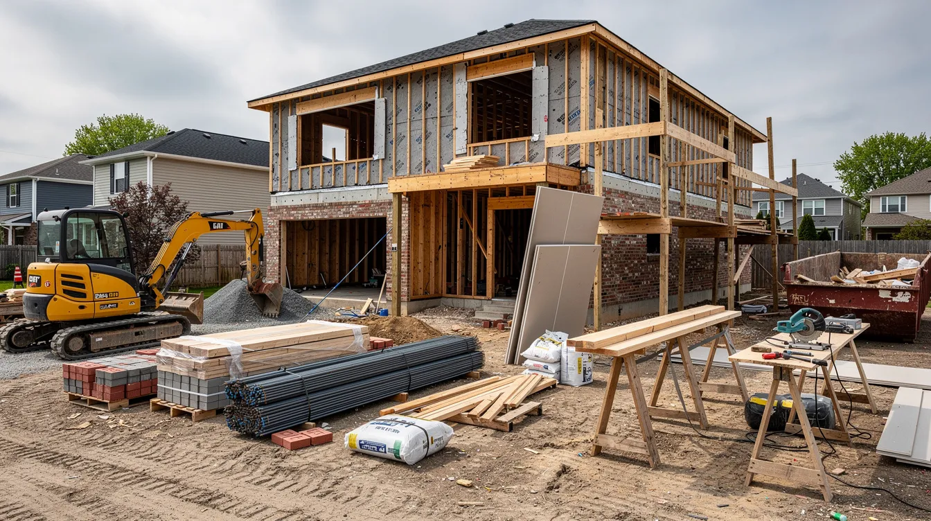 The image shows a bustling construction site featuring stacks of building materials alongside a partially renovated house. This scene reflects the ongoing home improvement projects that can be financed through options like a home equity line of credit or personal loans, highlighting the importance of managing cash flow and potential interest payments.