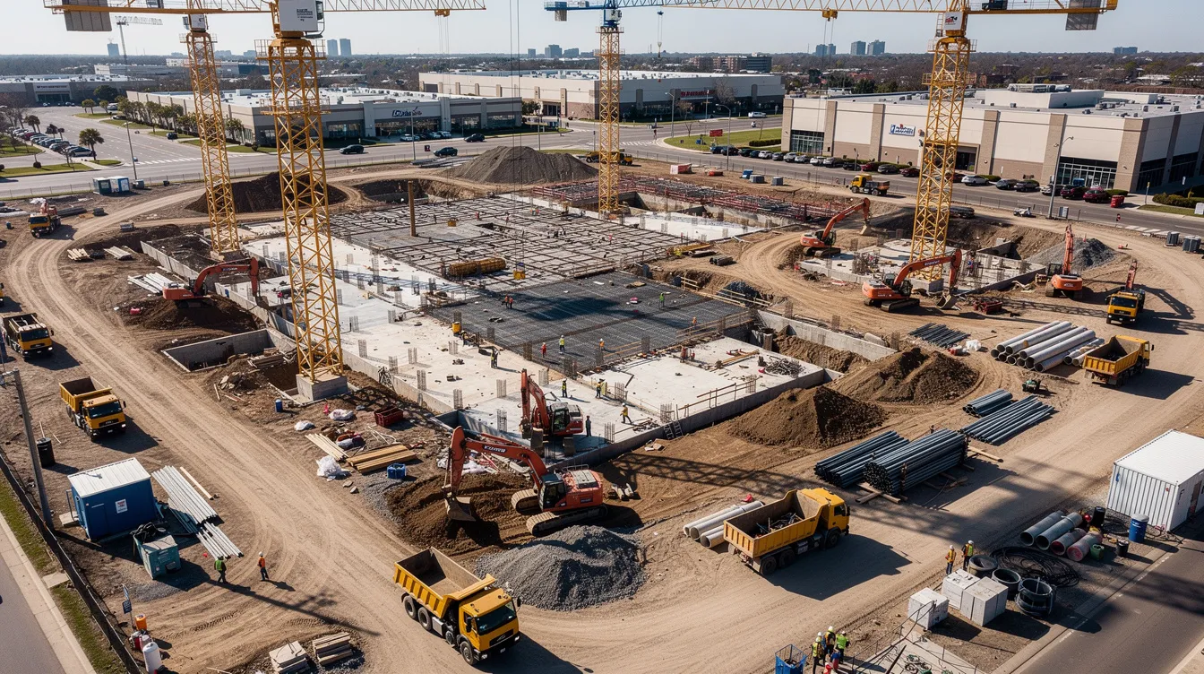 Active commercial construction site with cranes, excavators, and trucks.
