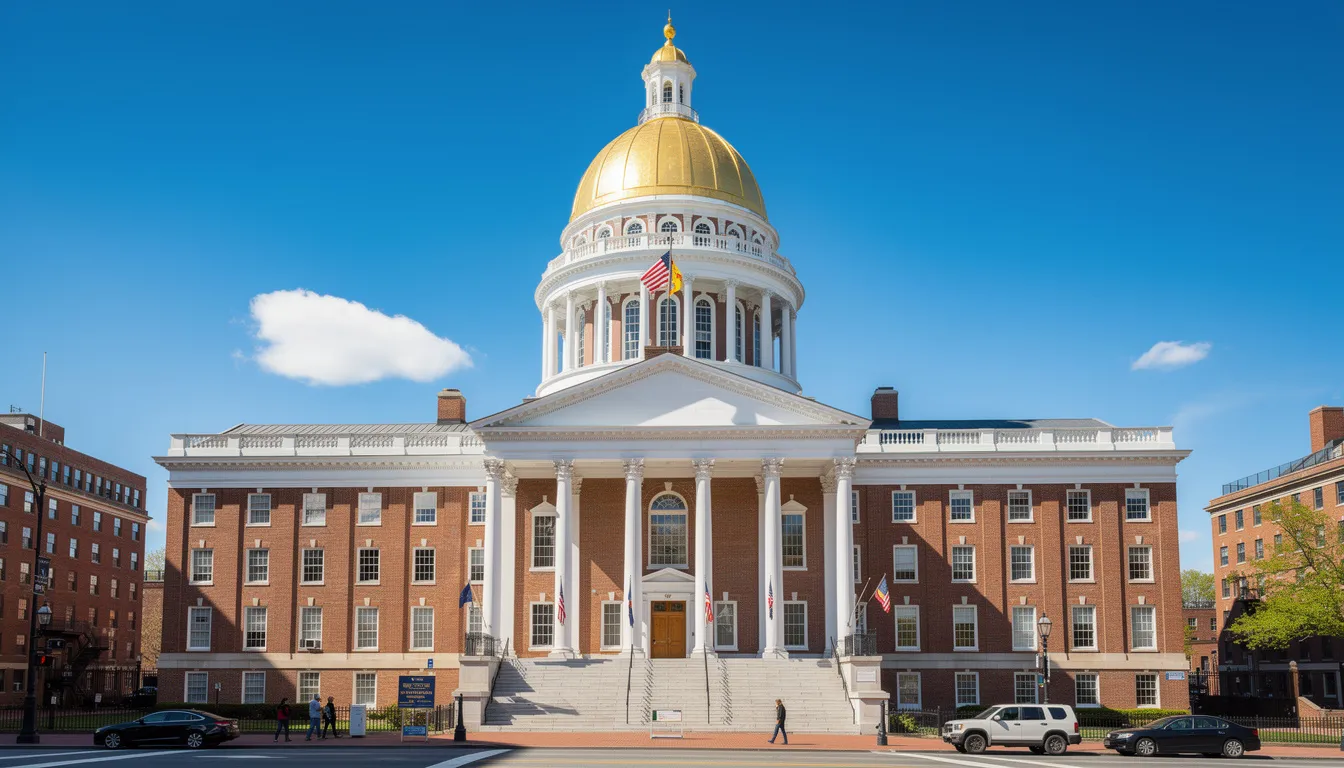 The image depicts the exterior of the Massachusetts State House, showcasing its iconic gold dome against a clear sky. This historic building is significant in discussions about cannabis legalization and sensible marijuana policy in Massachusetts, where voters approved measures for recreational marijuana sales and medical marijuana access.