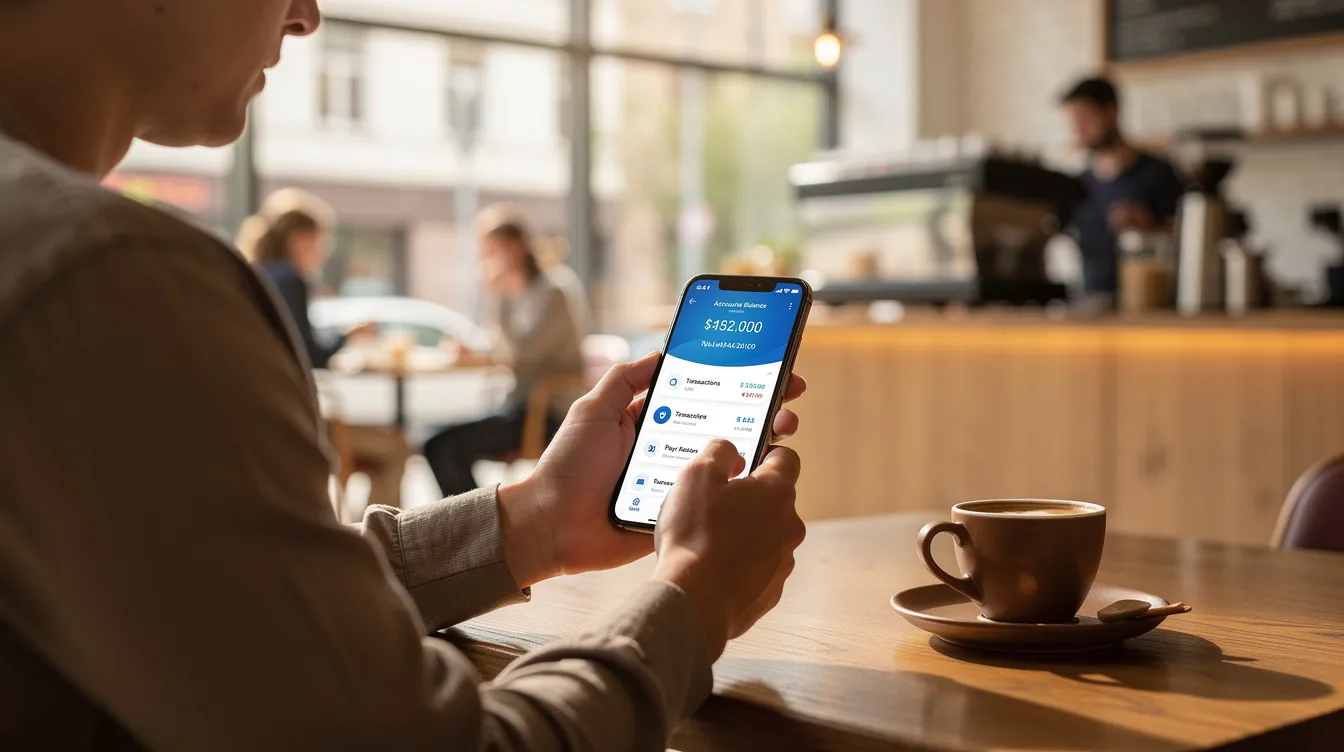 A person is sitting at a caf&eacute;, focused on their smartphone as they navigate a banking application, possibly looking for information on private loans or checking their loan application status. The scene captures the convenience of online banking, highlighting the ease of accessing financial services like instant approval and loan terms.