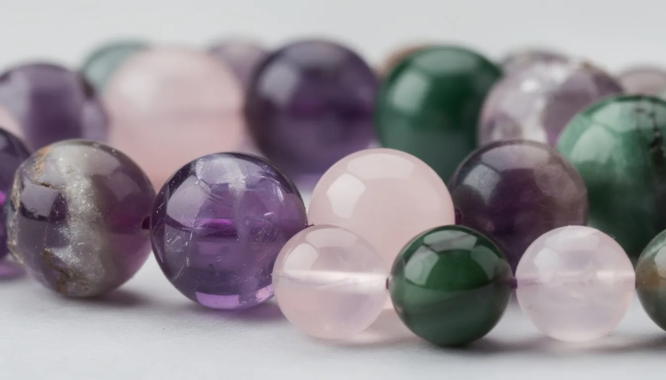 A close-up photograph showcases a variety of semi precious gemstone beads, including rich purple amethyst, soft pink rose quartz, and vibrant green jade, perfect for jewellery making. The image highlights the beauty and textures of these popular gemstones, ideal for creating stunning necklaces, earrings, and bracelets.