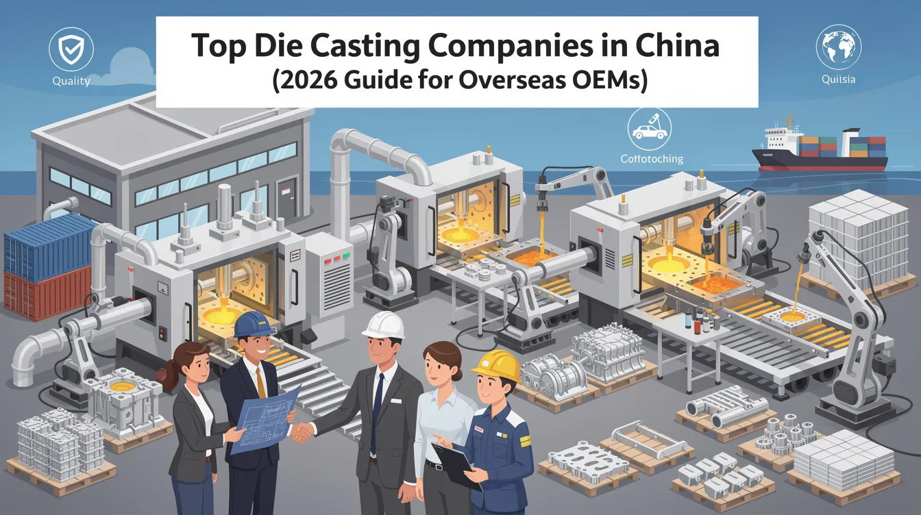 The image depicts an overview of the top die casting companies in China, highlighting their advanced technology and capabilities in aluminum and magnesium die casting. It emphasizes the companies' expertise in precision machining and surface treatment, showcasing their role as trusted partners for automotive applications and industrial equipment manufacturing.