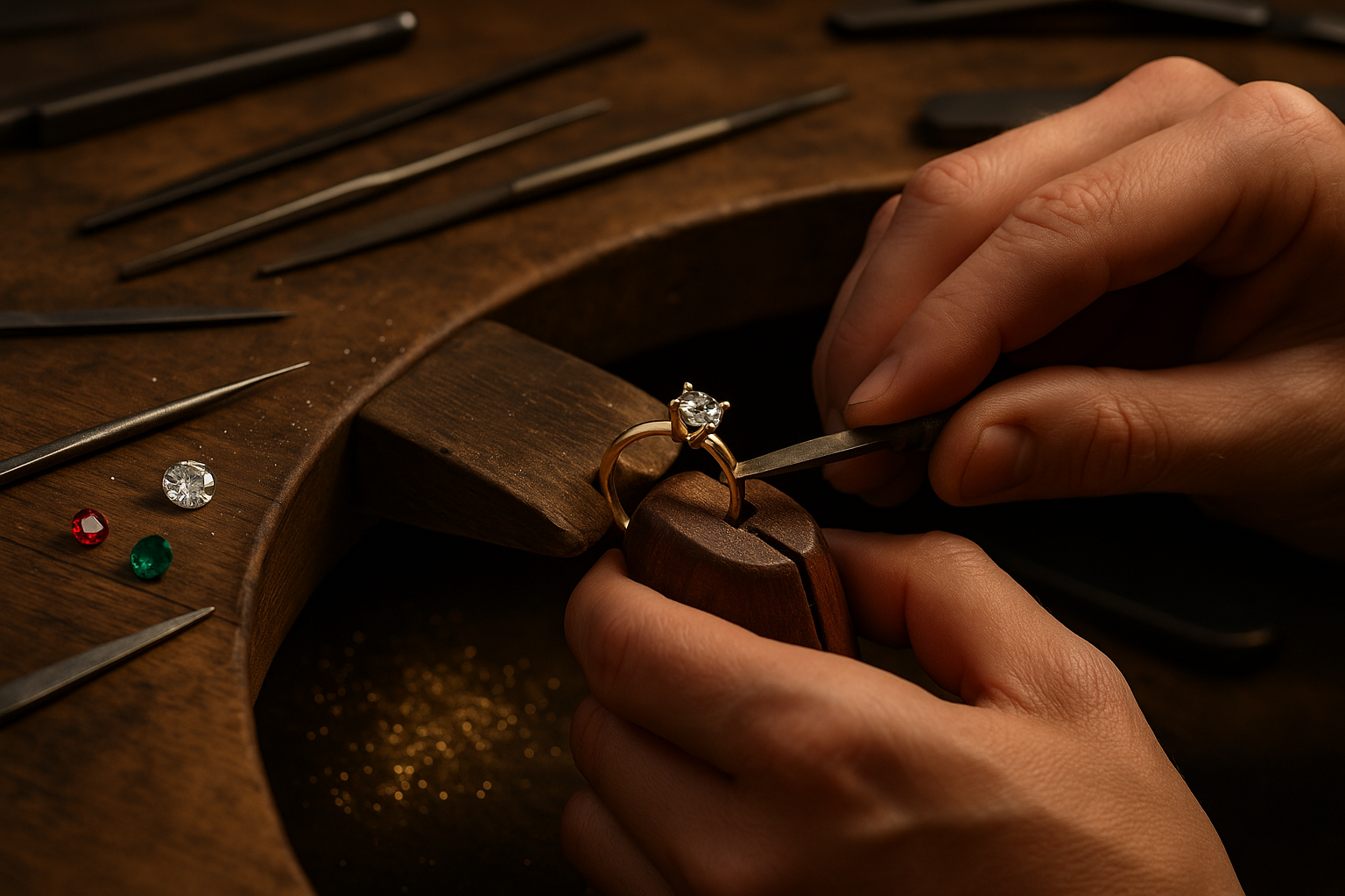 Ювелир изготавливает помолвочное кольцо на фоне рабочего стола, кольцо закреплено в тисках, вокруг разложены инструменты и драгоценные камни – бриллиант, сапфир, изумруд, рубин.