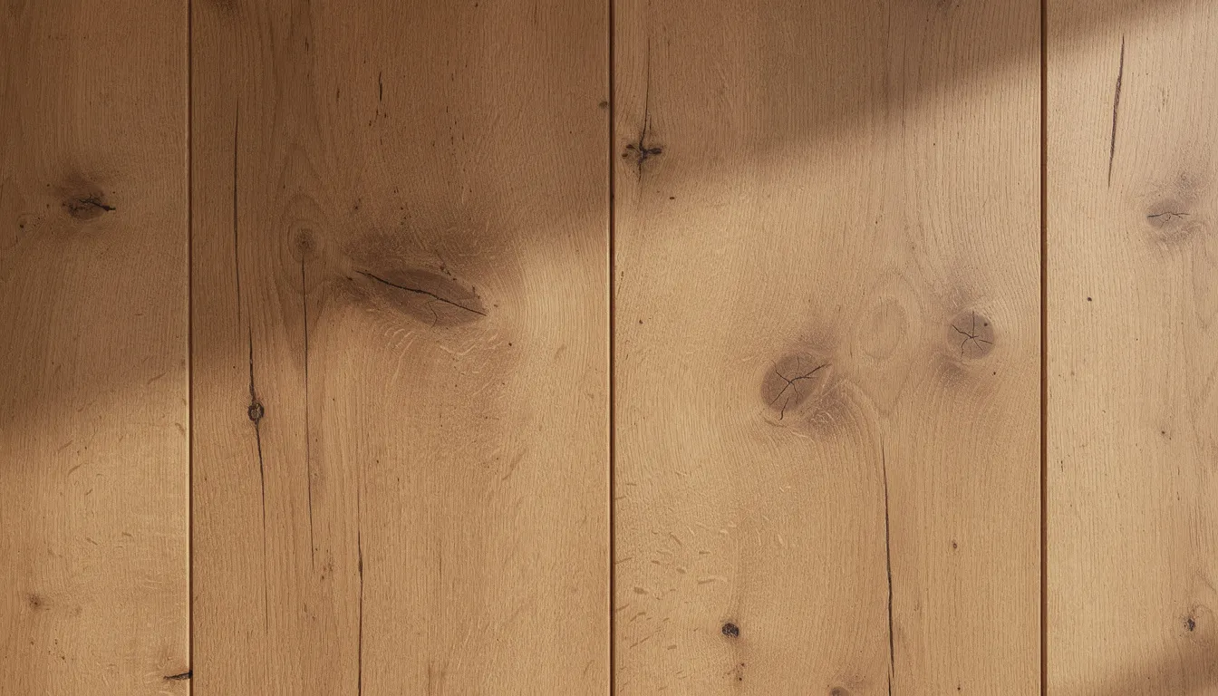 Close-up van massief eiken wandpanelen met een warme houtstructuur, die de natuurlijke nerven en knopen van het hout accentueren. Deze wandbekleding straalt een eigentijdse sfeer uit en is perfect voor het creëren van een rustieke uitstraling in moderne interieurs.