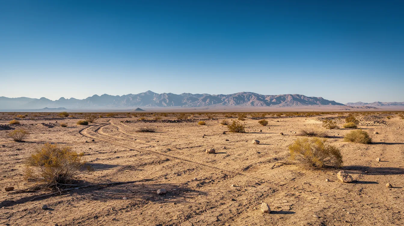The image depicts a vast desert landscape in Nevada, featuring distant mountains under a clear blue sky, showcasing the natural beauty of the region. This serene setting contrasts with the complexities of Nevada gun laws, including regulations on concealed carry permits and firearm safety.