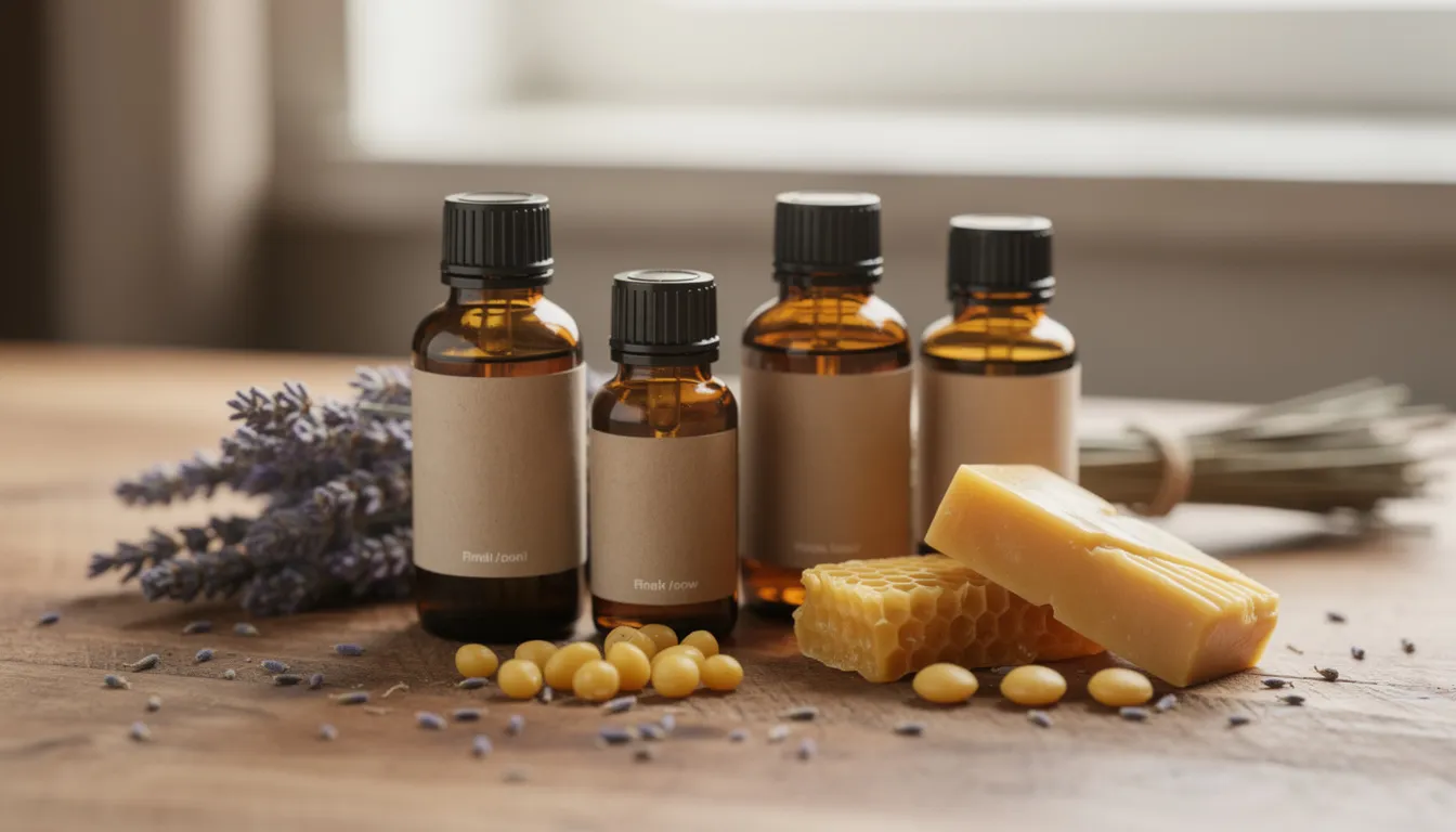 The image features amber glass bottles filled with various natural oils and beeswax, placed next to sprigs of dried lavender. This arrangement highlights ingredients often used in skin care products, promoting healthy skin and moisturizing benefits for various skin types.