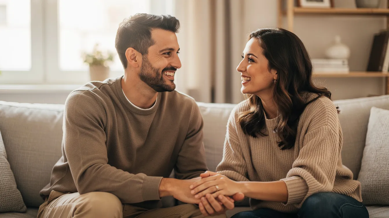 The image depicts a couple engaged in a heartfelt conversation, illustrating the essence of healthy relationships through their mutual respect and effective communication. They appear comfortable and connected, embodying the important qualities of emotional intelligence and friendship that contribute to relationship longevity.