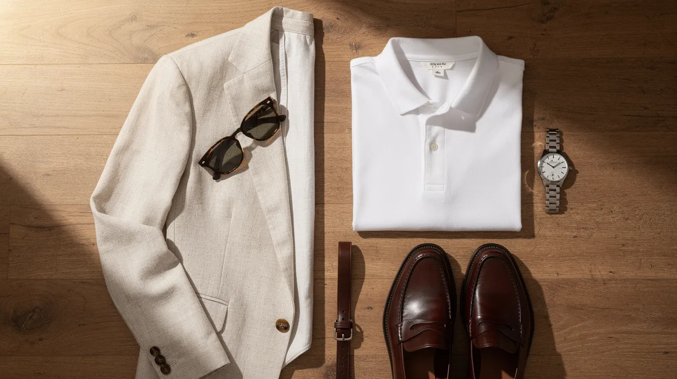 The image features a neatly arranged summer outfit on a wooden surface, including a linen blazer, a polo shirt, leather shoes, and stylish sunglasses, perfect for attending Wimbledon 2026. This smart ensemble reflects a blend of casual elegance suitable for enjoying matches at the prestigious England lawn tennis championships.