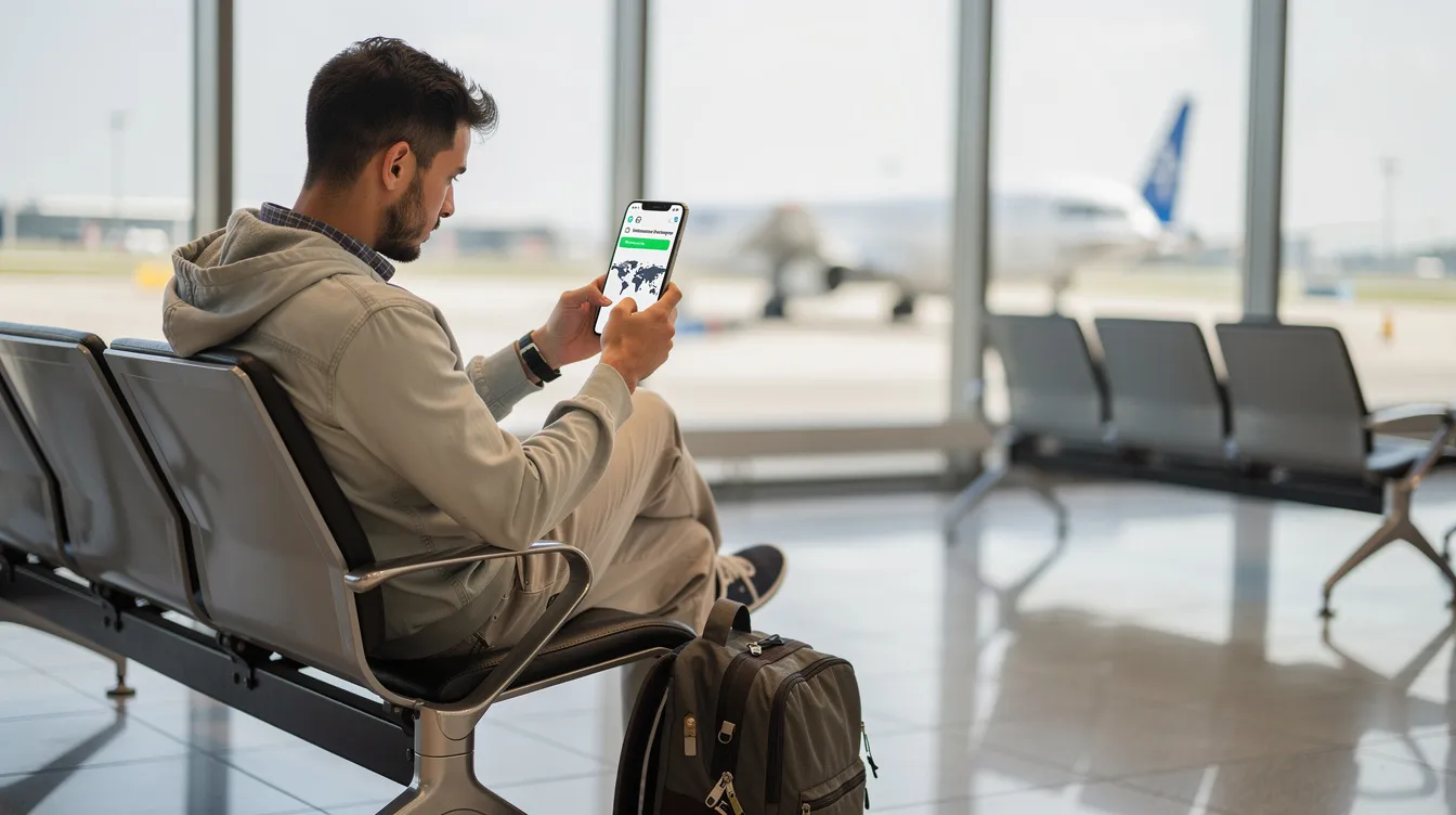 A person is seated in an airport terminal, using a smartphone to send an international money transfer. This scene highlights the importance of remittance transactions for empowering Bangladeshi overseas workers and supporting the global Bangladeshi diaspora.