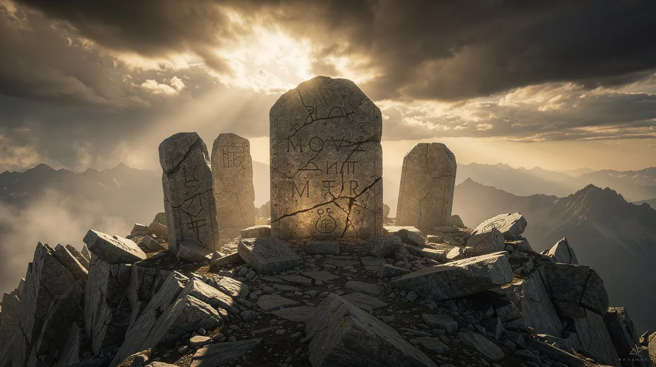 The image depicts ancient stone tablets resting on a rocky mountain summit, illuminated by dramatic golden light breaking through the clouds, symbolizing spiritual significance and the biblical meaning of the Ten Commandments. This powerful scene evokes a sense of divine presence and the promise made by God to Abraham, reflecting themes of authority and guidance found in both the Old and New Testaments.
