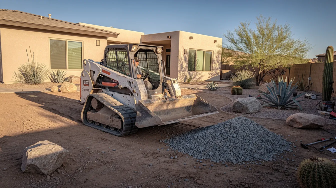 A skid steer loader is moving gravel in a residential backyard, which features desert landscaping with native plants and retaining walls visible in the background. This hardscaping project showcases the transformation of the outdoor space, highlighting the quality craftsmanship of landscape contractors.