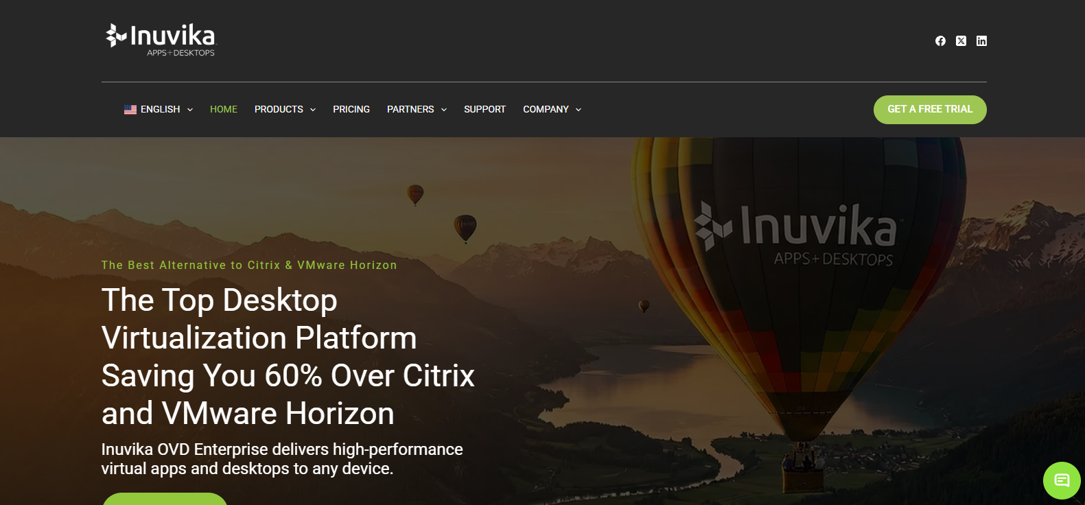 Inuvika OVD Enterprise homepage highlighting secure virtual desktops, application virtualization, and a cost-effective Citrix alternative for remote access.