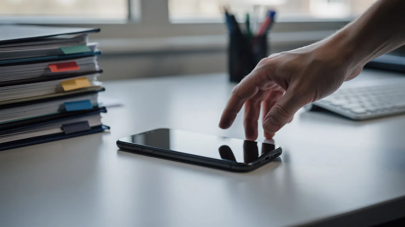 A person's hand is reaching for a phone on an office desk cluttered with a stack of folders, suggesting a busy environment where business transactions and potential fraud claims may be discussed. The scene highlights the importance of communication in navigating complex issues such as business fraud and legal claims.