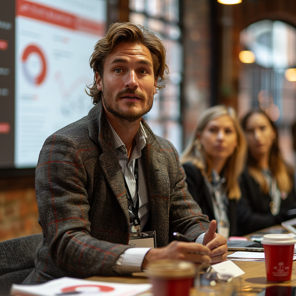 an image of a man talking to his colleagues in a meeting