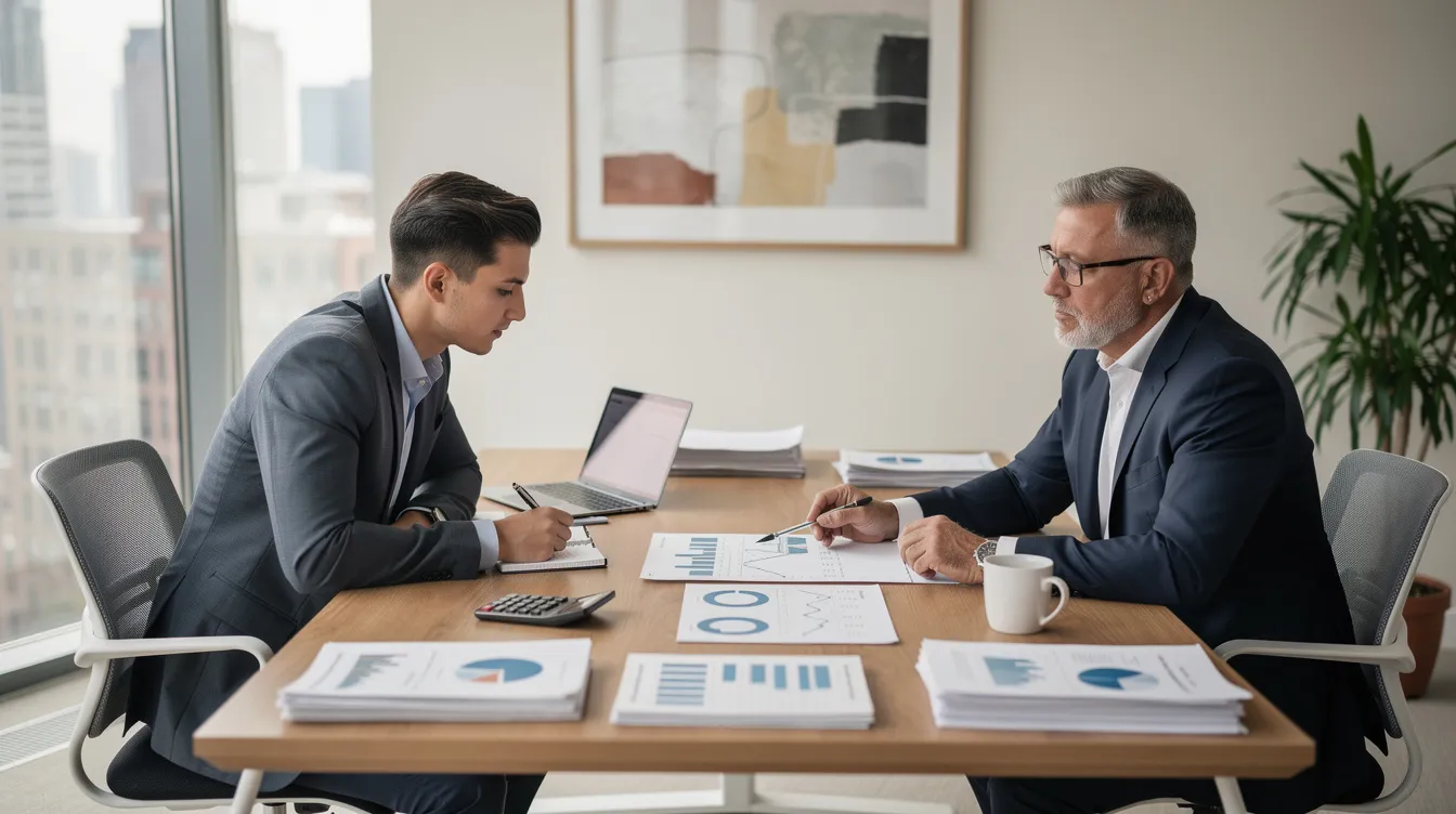 A young entrepreneur and an accountant are engaged in a professional meeting at a desk, reviewing important business documents. They are discussing potential profitable business ideas, focusing on strategies for a successful small business in Chennai.