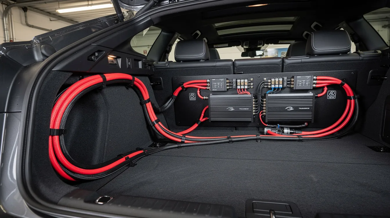 The image shows the interior trunk of a car with thick red and black power cables, made of copper, running from the front battery area to rear-mounted amplifiers, highlighting the importance of correct wire size for power transmission according to the American wire gauge system. The cables are organized to prevent overheating and ensure efficient electrical performance, adhering to industry standards.